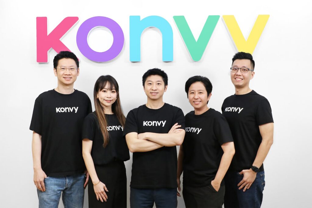 Photo of Konvy’s team. From left ro right: Leon Huang (co-founder and CFO), Mia Chou (e-commerce director), Qinggui Huang (co-founder and CEO), Pornsuda Vangvidhayakul (managing partner), and JC Chen (CCO).