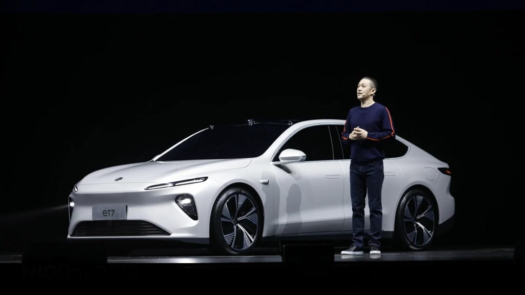 Photo of William Li, CEO of Nio, unveiling the ET7 during the Nio Day 2020 event held in Chengdu on January 9, 2021.