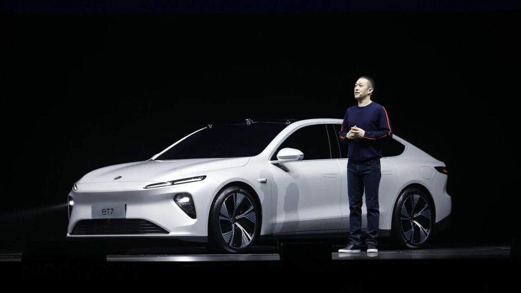 Photo of Nio CEO William Li unveiling the ET7 during the Nio Day 2020 event, held in Chengdu on January 9, 2021.