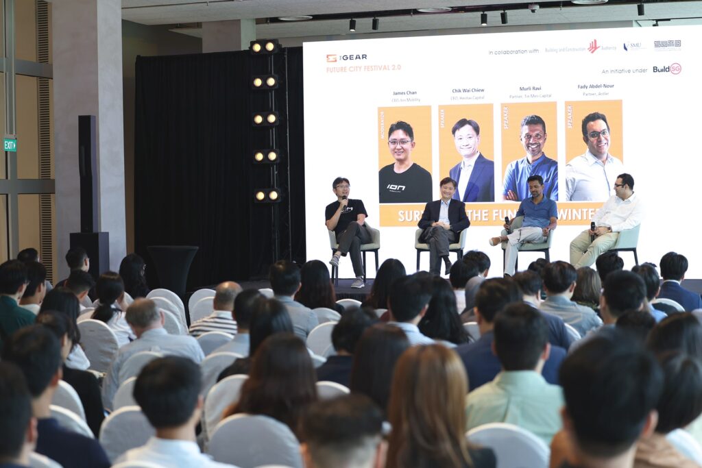 Photo of James Chan (first from left), CEO of Ion Mobility, sharing his experience of the funding winter, during a panel moderated by him. Alongside him are Chik Wai Chiew (second from left), CEO of Heritas Capital, Murli Ravi (third from left), partner at Tin Men Capital, and Fady Abdel-Nour, partner at Antler.