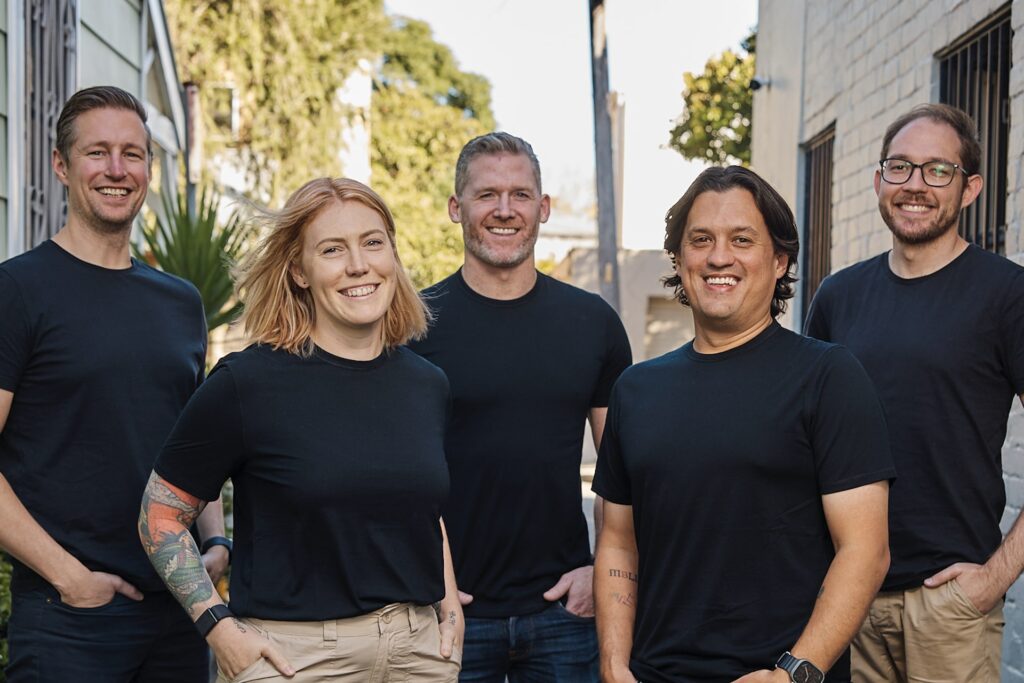 Photo of Kismet’s leadership team. From left to right: Stefan Cordiner (COO), Lauren Grimes (chief experience officer), Sam Armstrong (chief ecosystem officer), Mark Woodland (CEO), and Mathew Ellis (CTO).