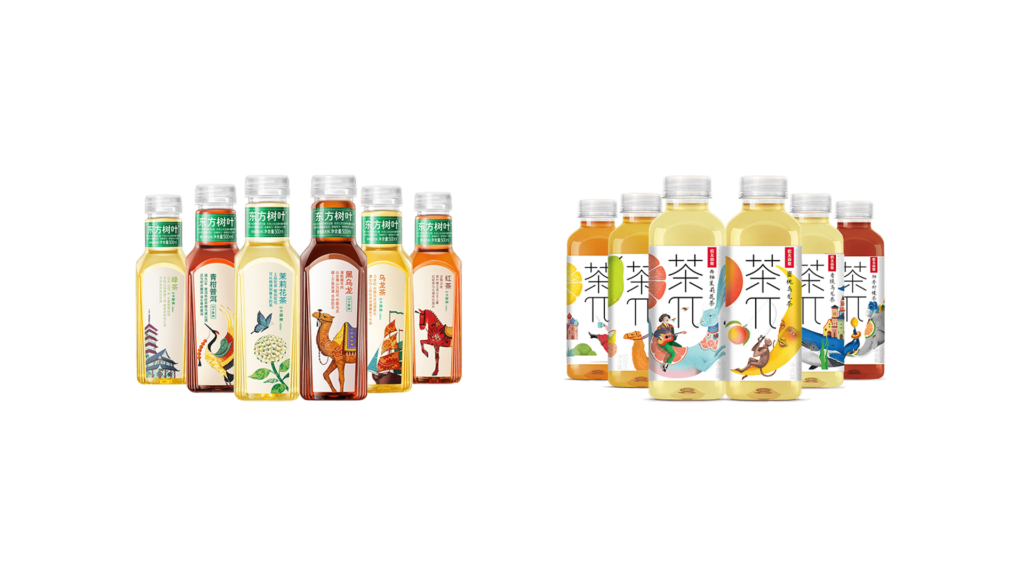 Promotional images of Nongfu Spring’s “Oriental Leaf Tea” (left) and “Cha Pi” products.