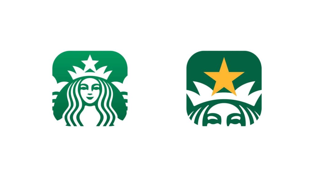 Image of the newly introduced Starbucks app icon in China (right) alongside its previous version.