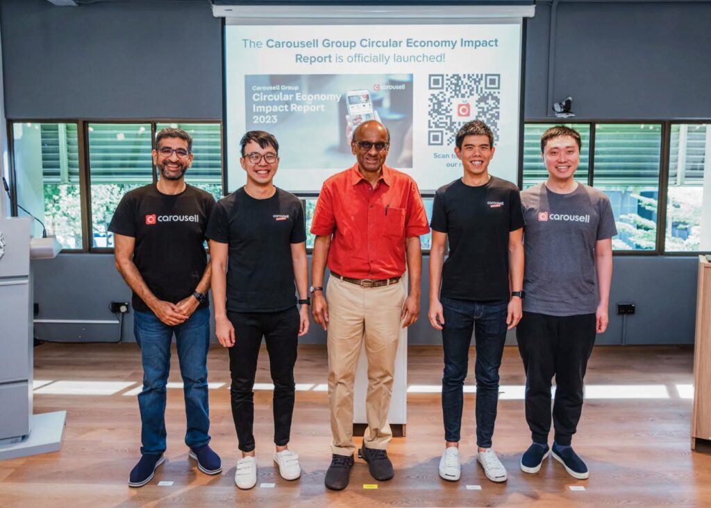 Singapore President Tharman Shanmugaratnam (center) was in attendance at Carousell's launch event of its inaugural “Circular Economy Impact Report” on December 8, 2023. Alongside him, from left to right, are: Gaurav Bhasin (chief strategy officer), Marcus Tan ( co-founder), Quek Siu Rui (co-founder and CEO), and Lucas Ngoo (co-founder).