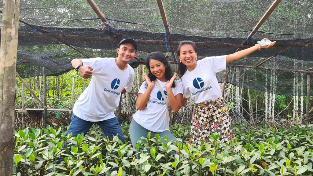 Photo of CarbonEthics’ leadership team. From left to right: Bimo Soewadji, Innandya Kusumawardhani, and Jessica Novia.