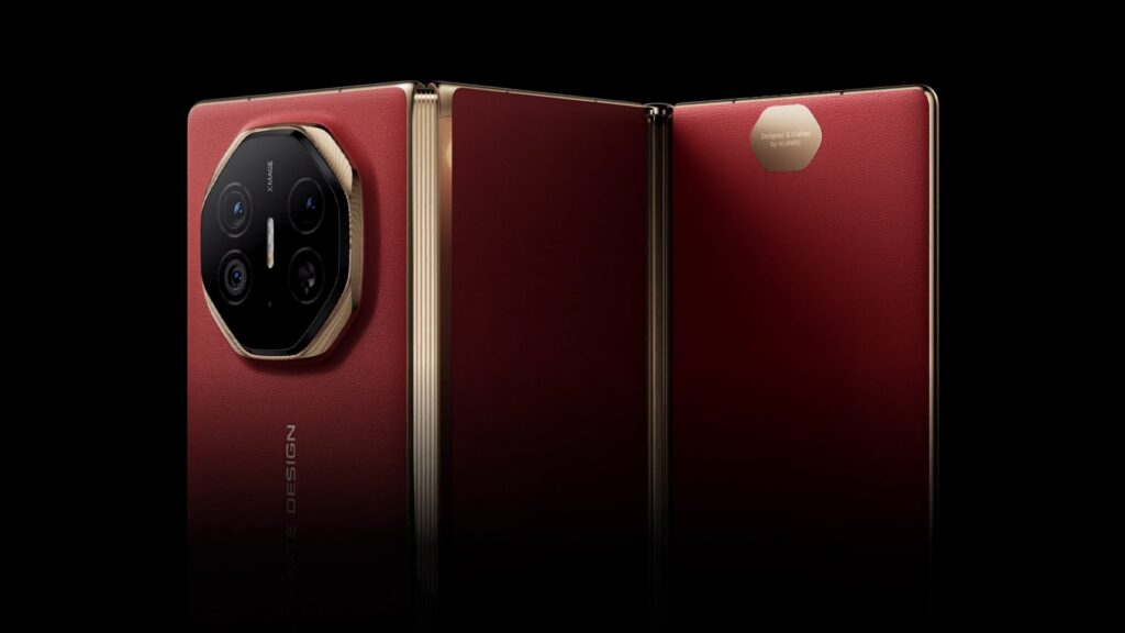 Promotional image of the Huawei Mate XT trifold smartphone.