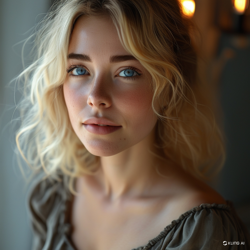 Image of a woman with blonde hair and blue eyes, generated by Kling AI.