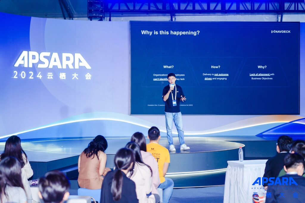 Photo of Sean Tan, co-founder and CEO of NavDeck, presenting at the Alibaba Cloud Startup Demo Day at Apsara 2024 on September 21.