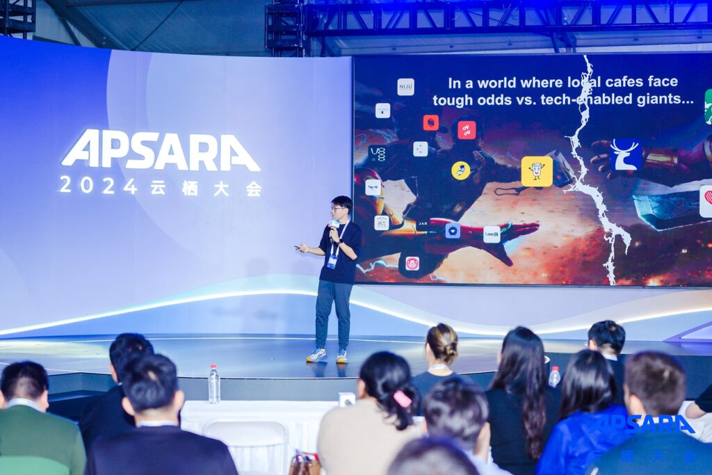 Photo of Vincent Sin, founder and CEO of Sipjoy, presenting at the Alibaba Cloud Startup Demo Day at Apsara 2024 on September 21.