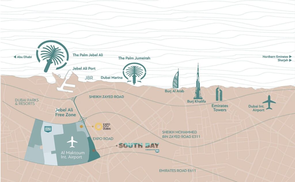 Image outlines key landmarks and infrastructure within the Dubai South area.