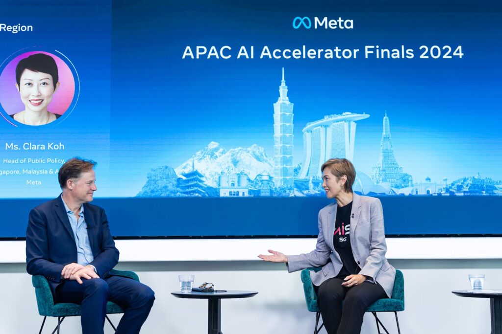 Photo of Singapore minister Josephine Teo (right) in conversation with Nick Clegg, Meta’s president of global affairs, at the launch event held at Meta’s APAC headquarters.