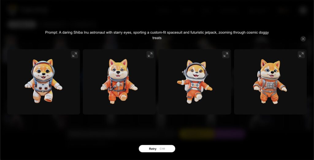 Image of 3D models generated by Tripo AI in response to a prompt requesting “a daring Shiba Inu astronaut with starry eyes, sporting a custom-fit spacesuit and futuristic jetpack, zooming through cosmic doggy treats.” The prompt was enhanced using Tripo AI’s “Popcorn” feature.