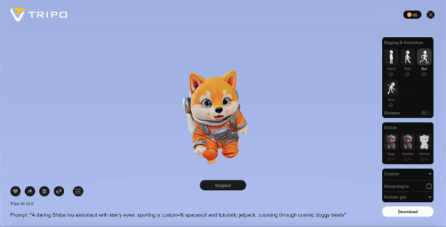 GIF of a Shiba Inu astronaut 3D model rigged for running. While the limb movement was smooth, the jetpack’s motion seemed overly fluid.