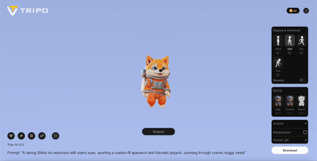 GIF of a Shiba Inu astronaut 3D model rigged for walking. The walking animation appears natural and seamless.