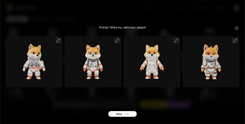 Image of 3D models generated by Tripo AI in response to a prompt requesting “Shiba Inu, astronaut, jetpack.”