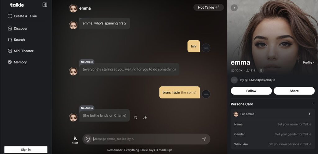 Screenshot displaying Talkie’s chat interface.