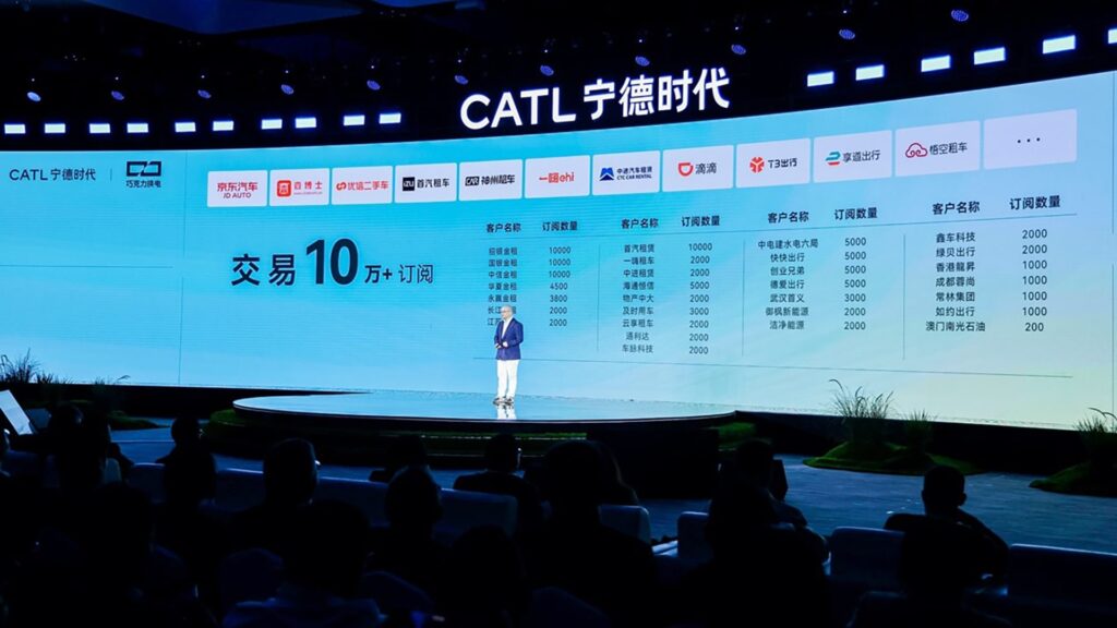 Photo of Robin Zeng, founder and chairman of CATL, speaking at the company's December 18 conference.