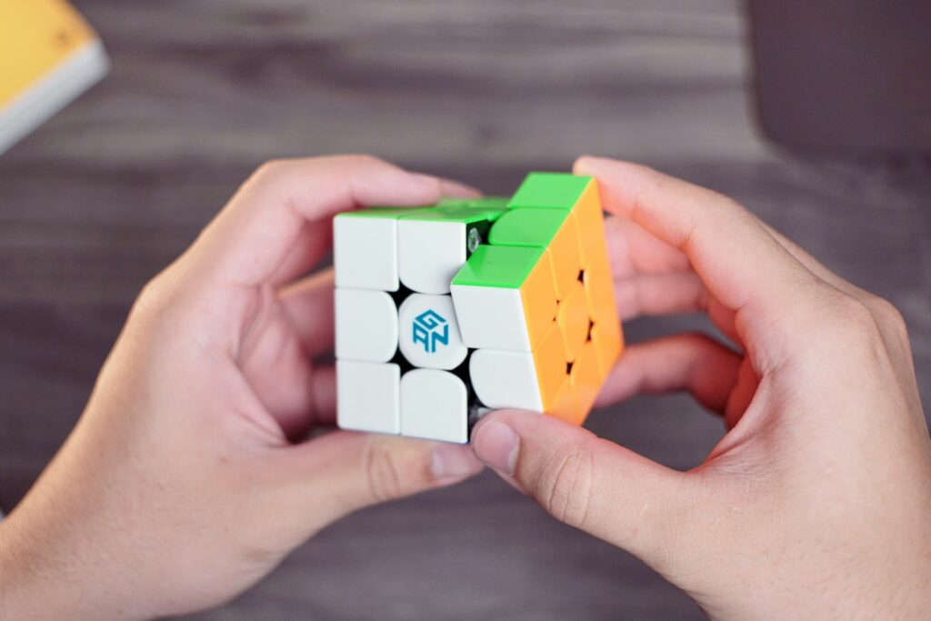 Photo capturing a Gancube solve in progress.