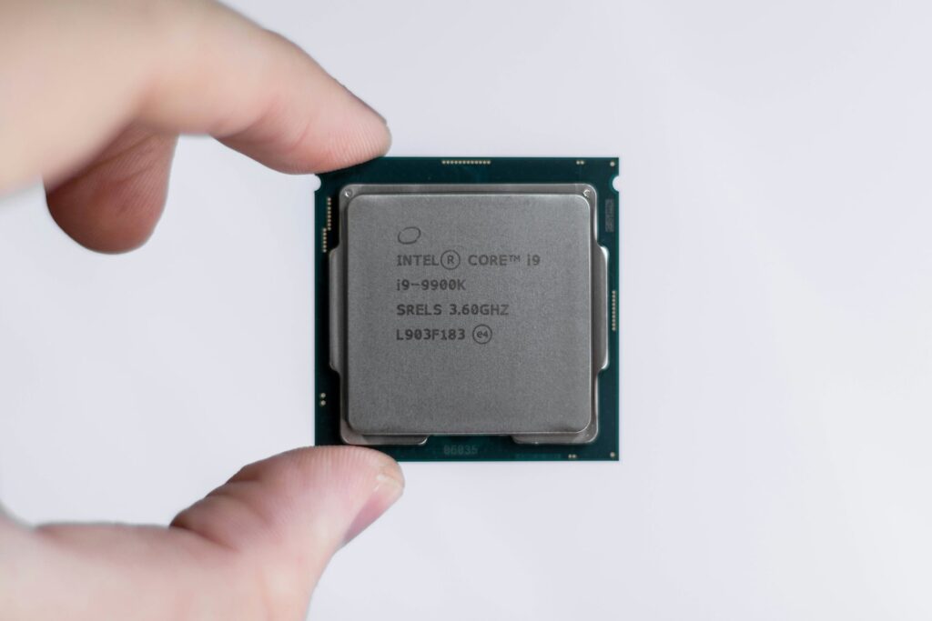 Photo of an Intel Core i9 processor chip.