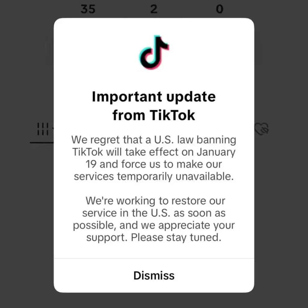 Image of the notice displayed to TikTok US users when the app went offline on January 19, following the implementation of the divest-or-ban law.