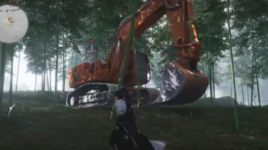 Image features an AI-generated excavator model, rendered within the in-game environment of Where Winds Meet.