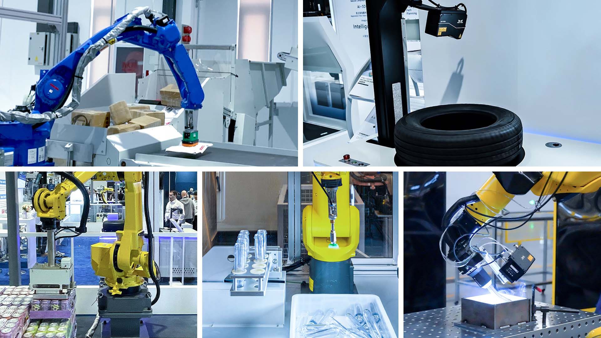 Collage of images showing Mech-Mind’s 3D cameras and laser profilers at work.