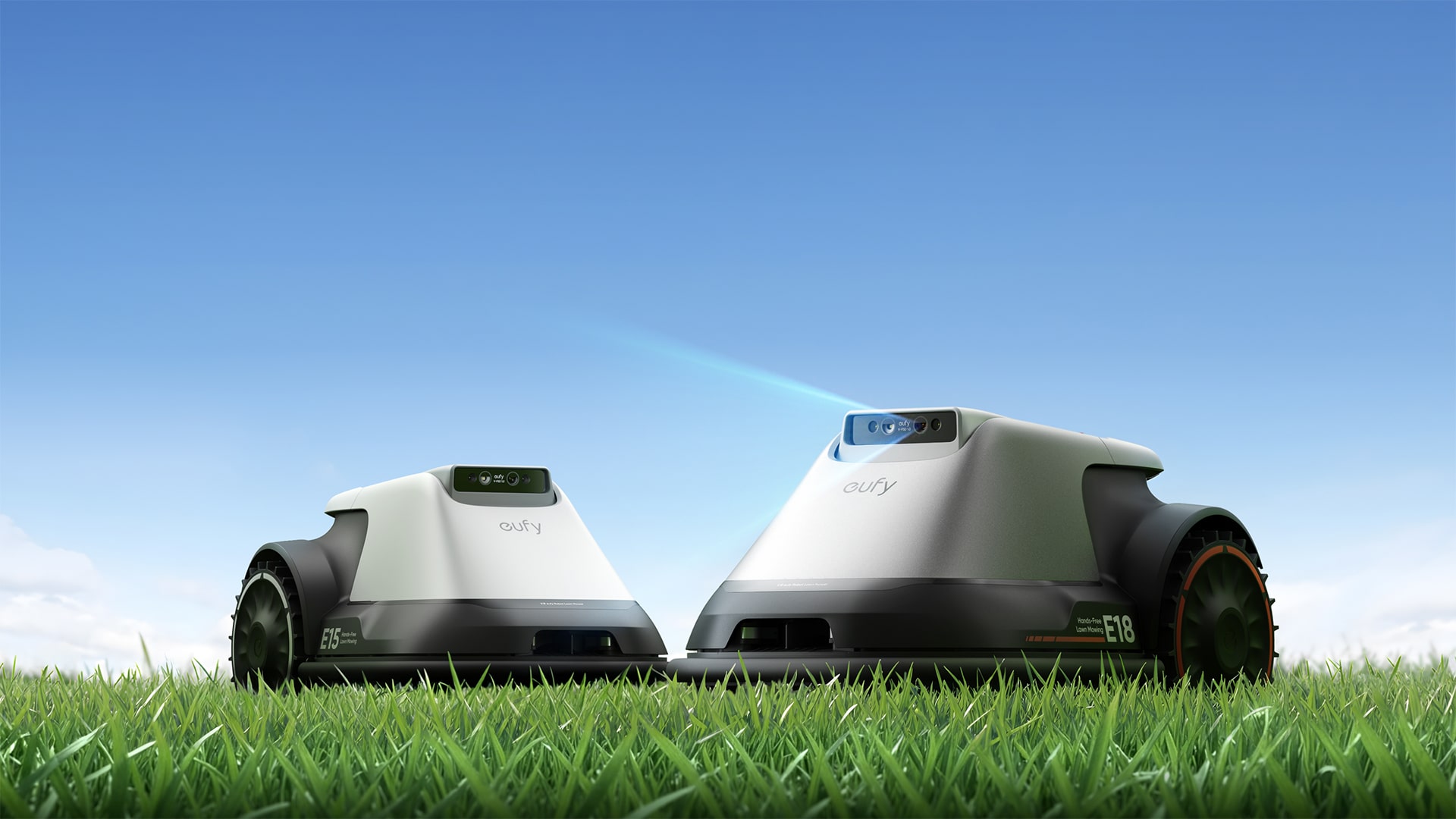 Image of Eufy’s E15 (left) and E18 robotic lawn mowers.