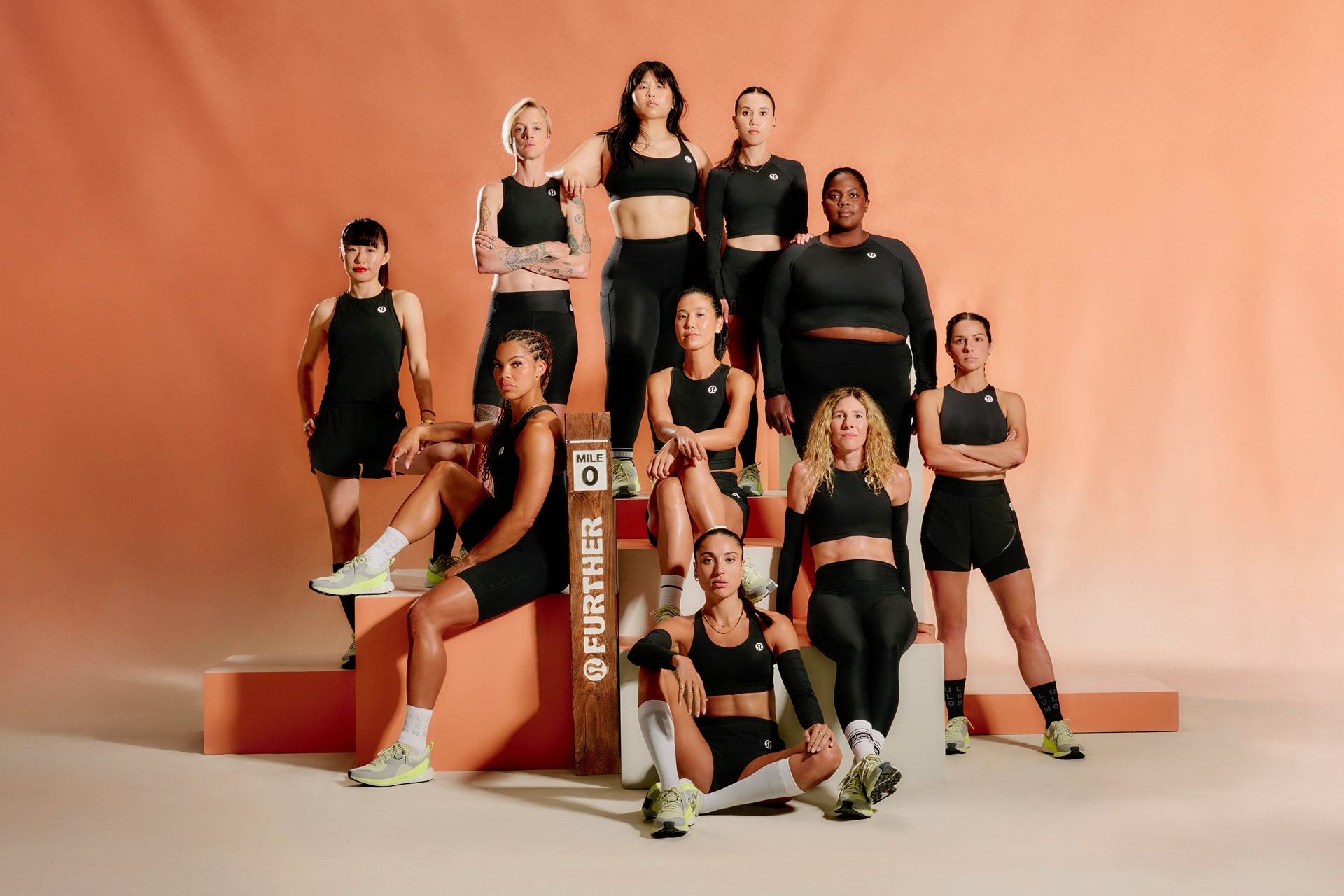 Photo of ten women from Lululemon’s global ambassador collective, brought together to run a six-day ultramarathon as part of its Further initiative.