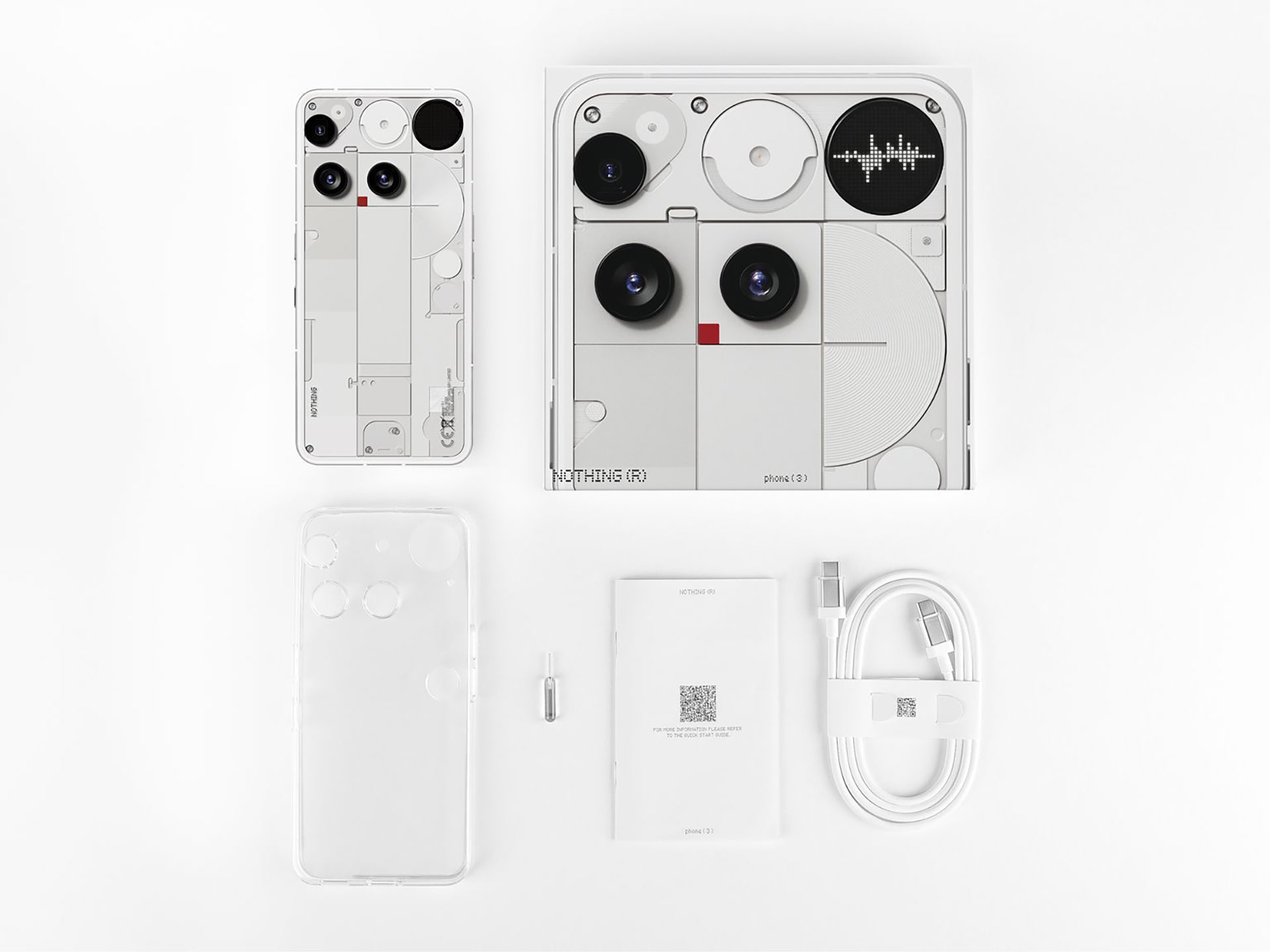 Image shows accessories included with the Nothing Phone (3).