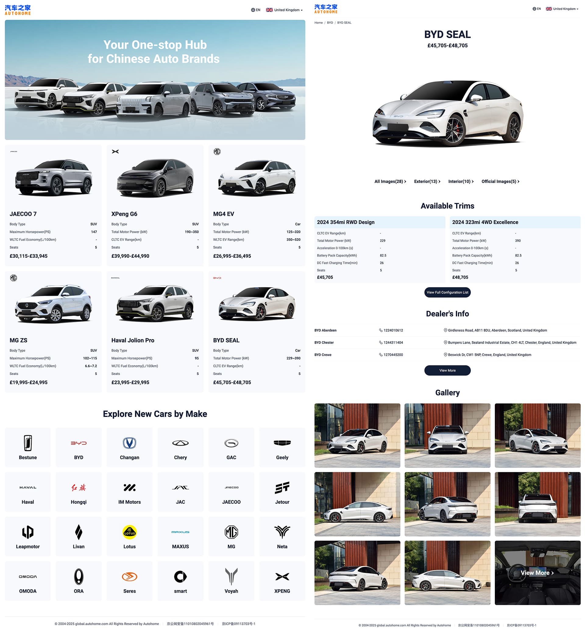 A collage of screenshots from Autohome’s global site, which is available in multiple languages.