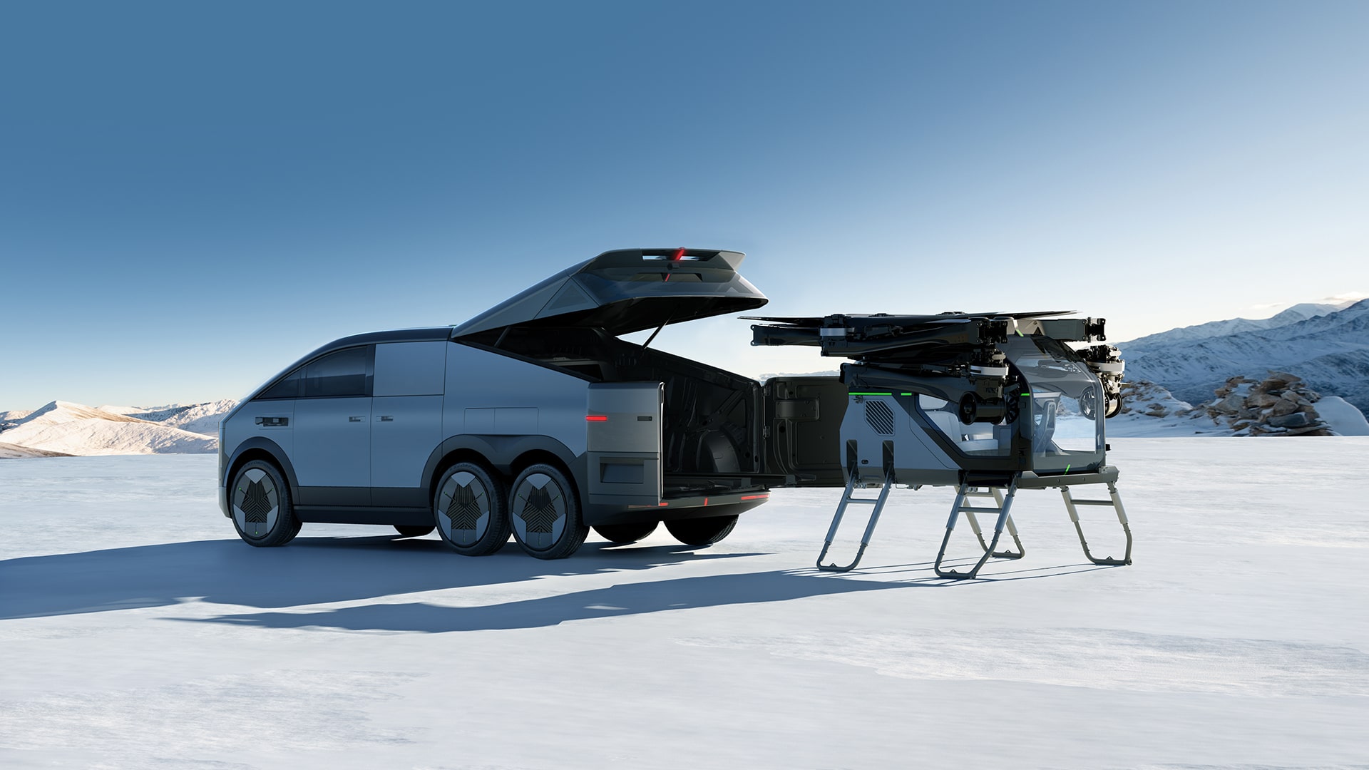 Image showing the ground (left) and air modules of the “Land Aircraft Carrier” developed by Aridge, formerly known as Xpeng AeroHT.