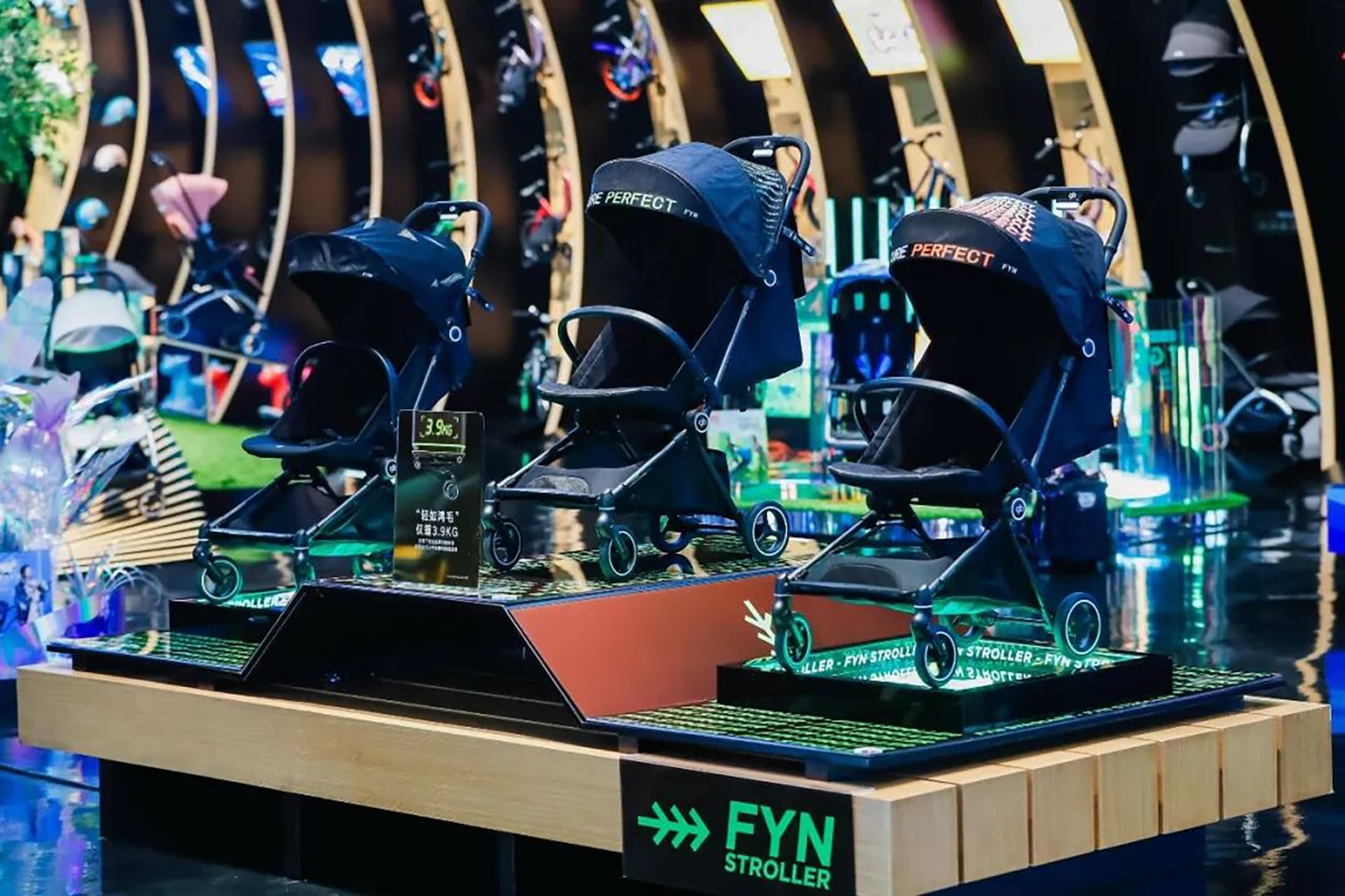 Photo shows Goodbaby’s Fyn strollers on display, colloquially referred to as “pocket strollers” for their foldable, lightweight design.