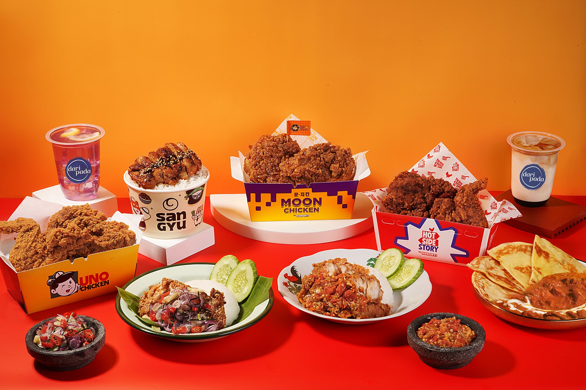 A selection of food and beverage items offered by brands managed by Hangry.