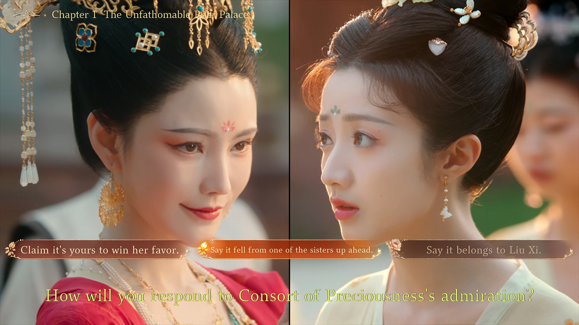 Players must choose between multiple dialogue options to shape story progression and relationships in Road to Empress. Image shows a decision scene from the game’s first chapter, titled “The Unfathomable Rear Palace.”