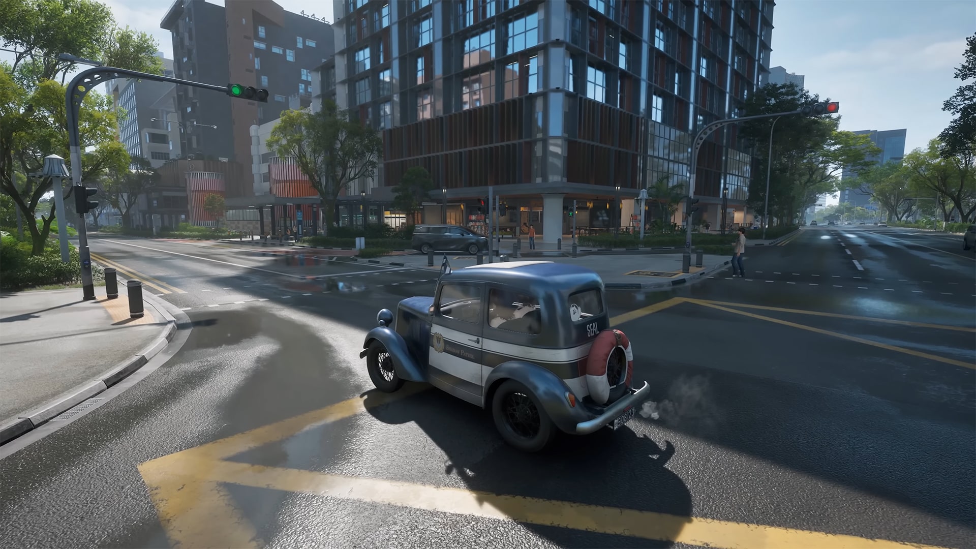 Image of a building resembling Lazada One in Bencoolen, Singapore, shown at the start of a drive sequence in the Varsapura demo.