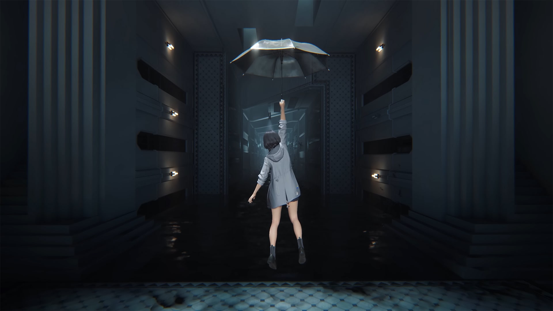 Image of Hollowone using an umbrella to glide through the air.