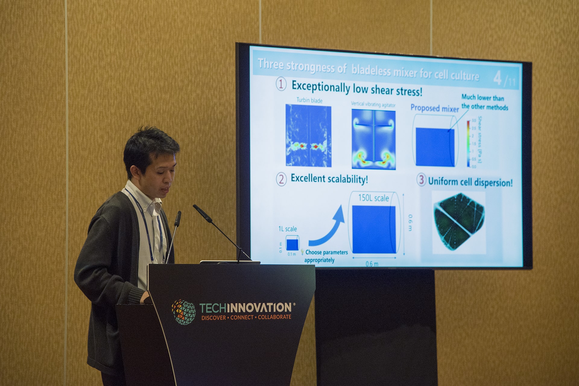 Photo of Daiki Watanabe from the University of Osaka, speaking during the event about an impeller-free mixing device he designed to better serve sensitive processes such as stem cell culturing.