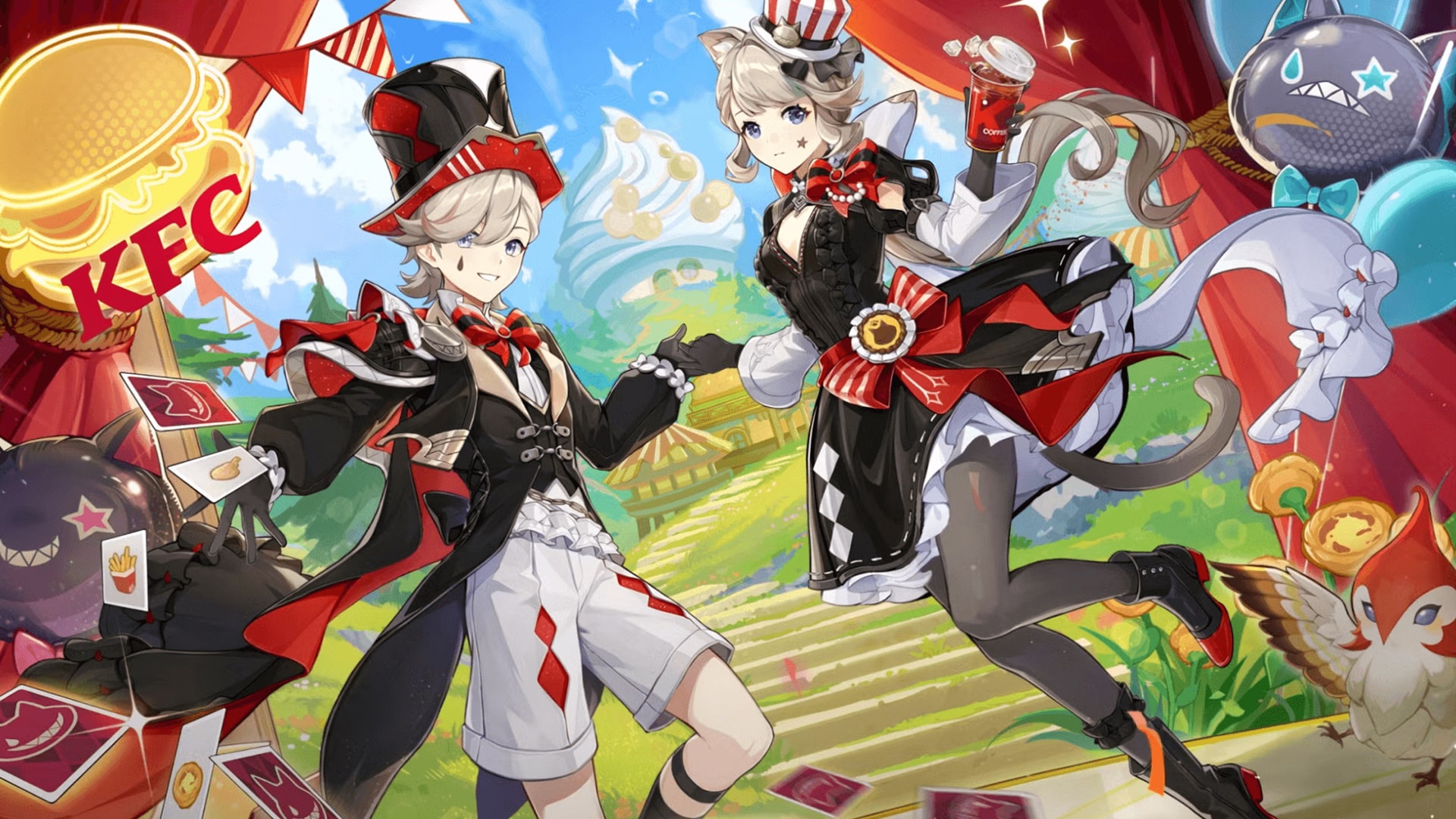 Image of in-game characters Lyney and Lynette from a collaboration between Genshin Impact and KFC.