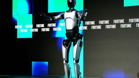 Agibot’s A2 service-oriented humanoid robot, showcased at the Fortune Brainstorm Design 2025 event. Photo courtesy of Agibot.