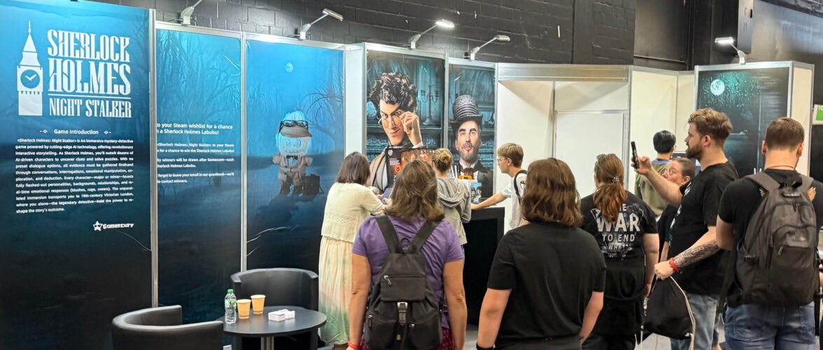 Gamercury AI’s booth at Gamescom 2025, where it showcased upcoming game title Detective Sherlock: Shadow Stalker. Photo courtesy of Gamercury AI.
