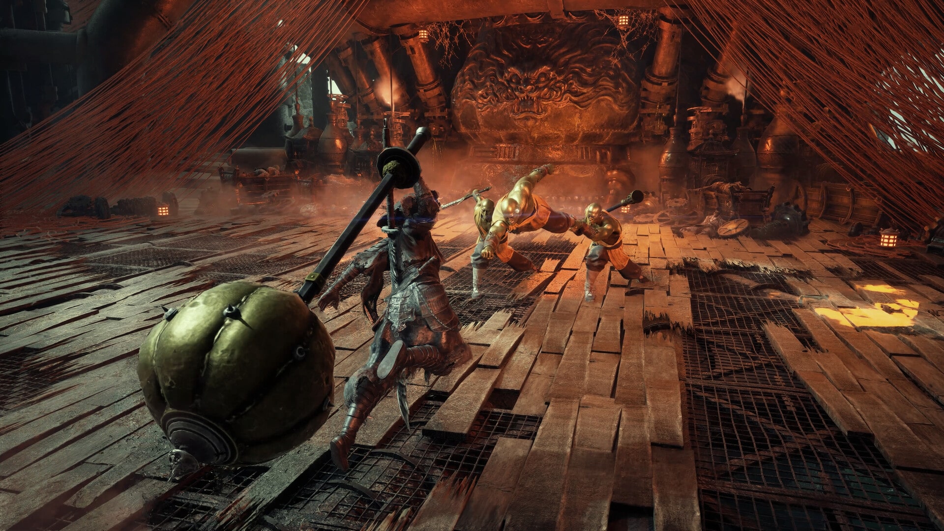 Image of the playable protagonist in Phantom Blade Zero, wielding a distinctive mace-like polearm.