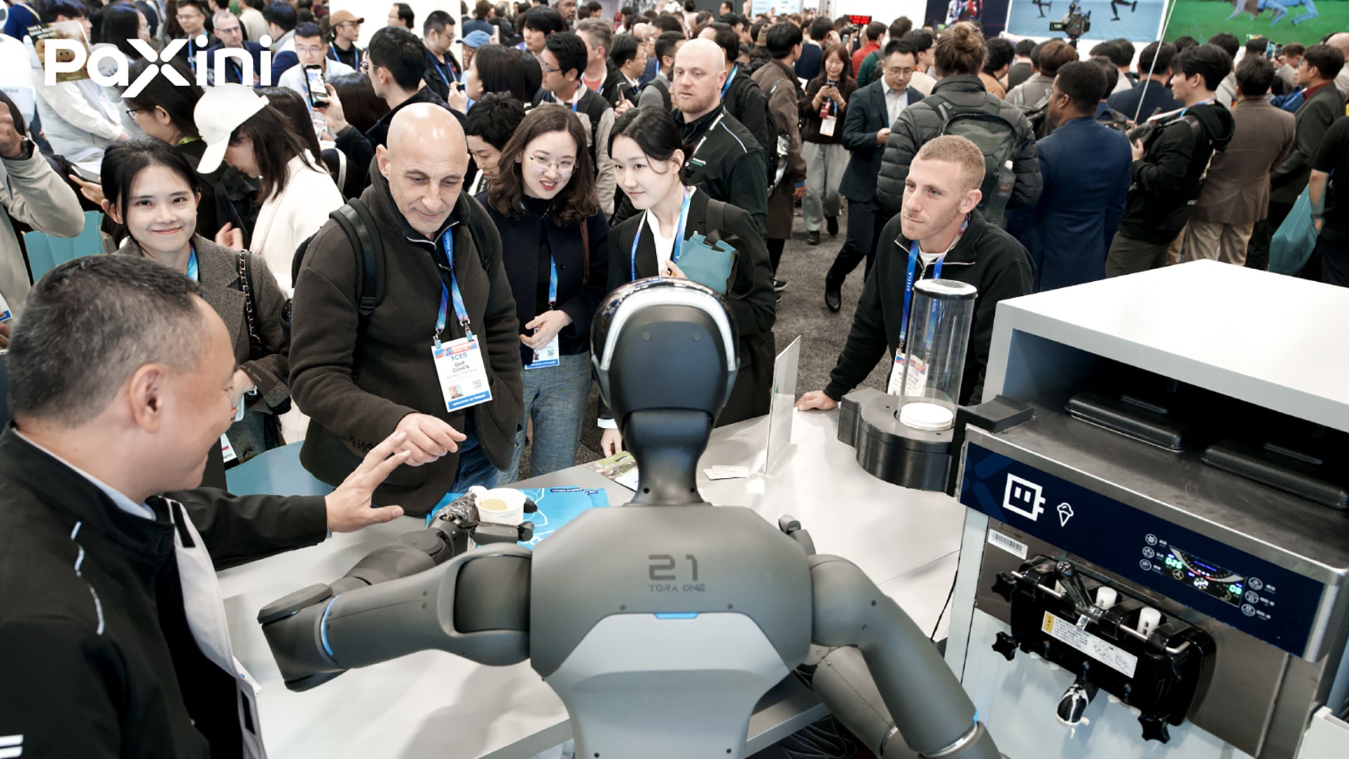 Image shows PaXini’s TORA-ONE humanoid robot preparing ice cream at CES 2026.
