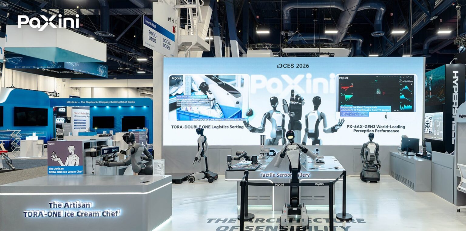 PaXini’s CES 2026 booth displays nearly its full product lineup, the PX-6AX series of tactile sensors, six-axis force sensors, dexterous hands, and wheeled robots including TORA-ONE and TORA-DOUBLE ONE. Image source: PaXini.
