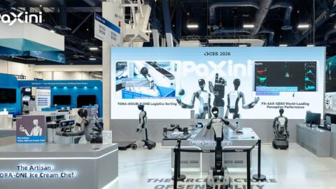 PaXini’s CES 2026 booth displays nearly its full product lineup, the PX-6AX series of tactile sensors, six-axis force sensors, dexterous hands, and wheeled robots including TORA-ONE and TORA-DOUBLE ONE. Image source: PaXini.