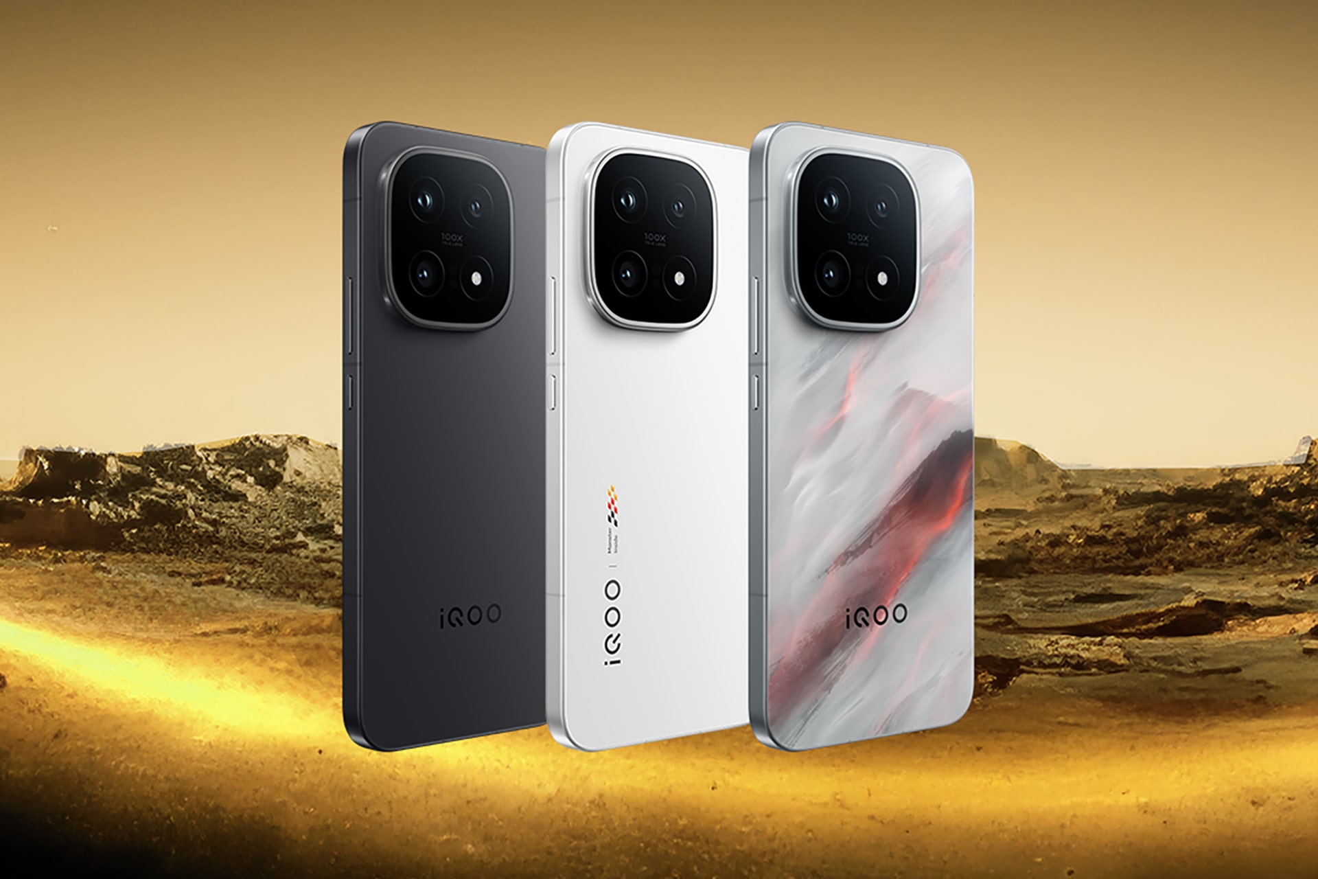 Image of the iQOO 15, shown in its three available colorways.