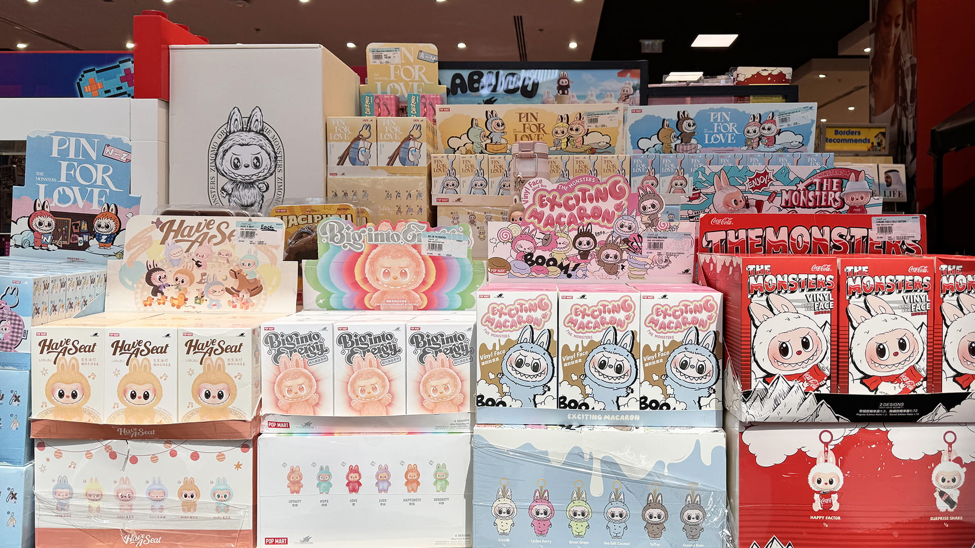 Photo shows Labubu-themed blind boxes on display inside a Pop Mart store in Dubai, UAE.