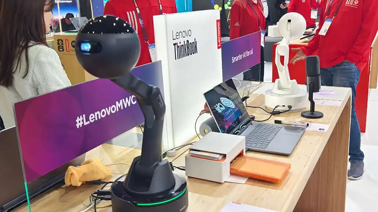 Lenovo’s AI Workmate device, on display at MWC 2026.