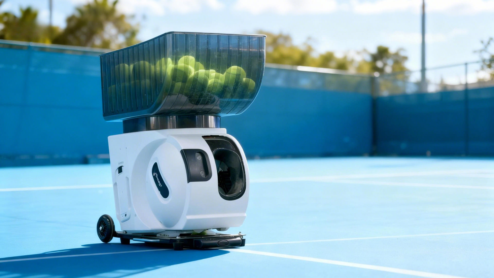 Photo shows a tennis ball machine from Pongbot’s Pace series.