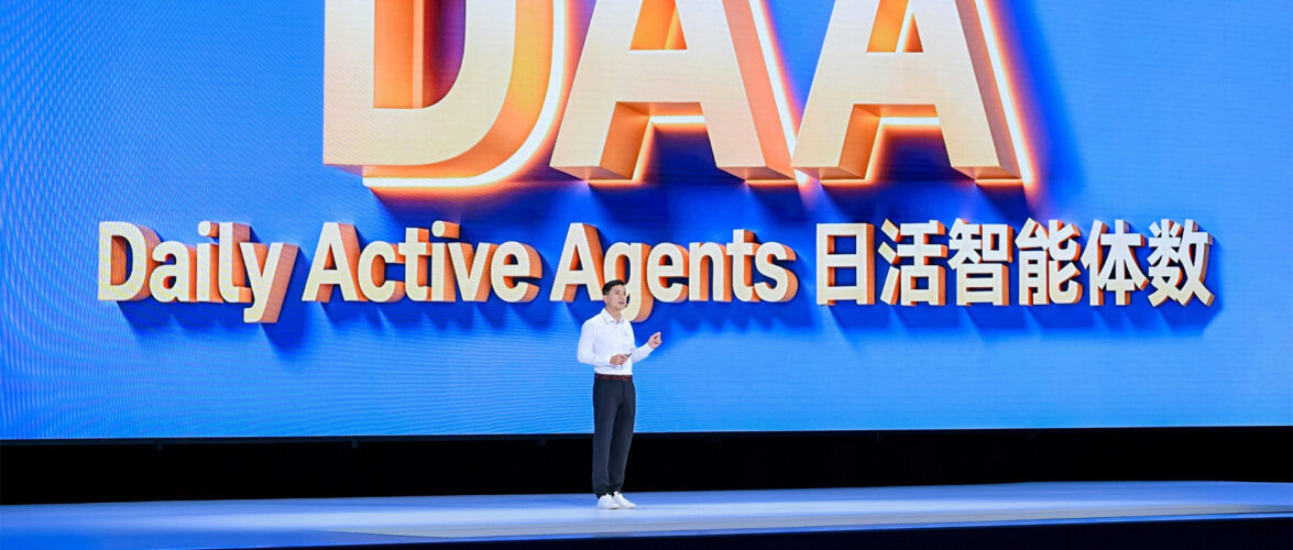 Robin Li, co-founder and CEO of Baidu, speaking about the “daily active agents” metric at Baidu Create 2026. Photo courtesy of the company.