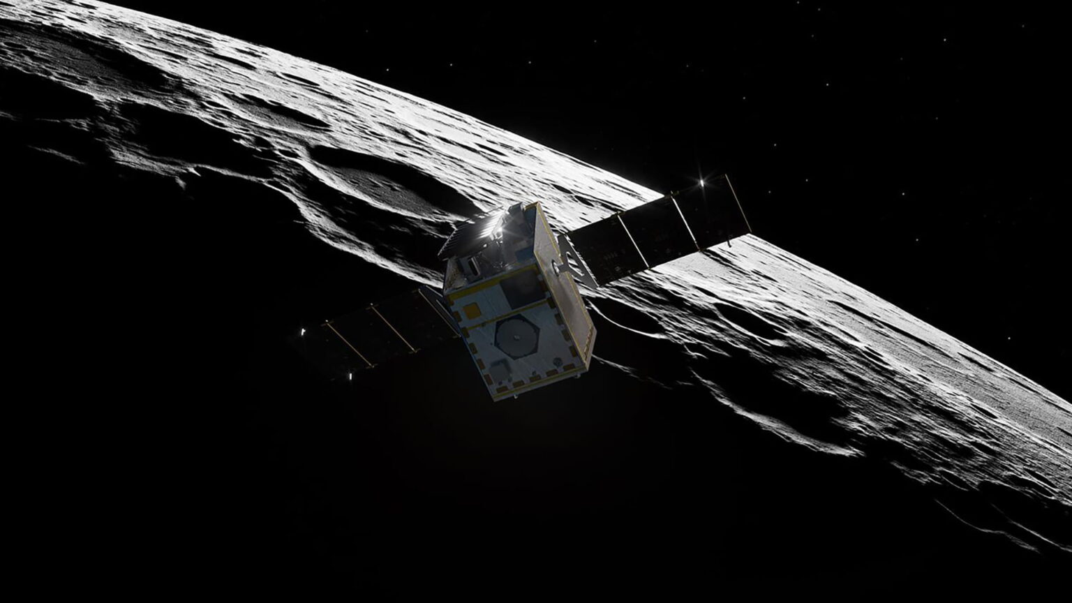 An artist’s concept showing how NASA’s Lunar Trailblazer enters lunar orbit. Image source: NASA.